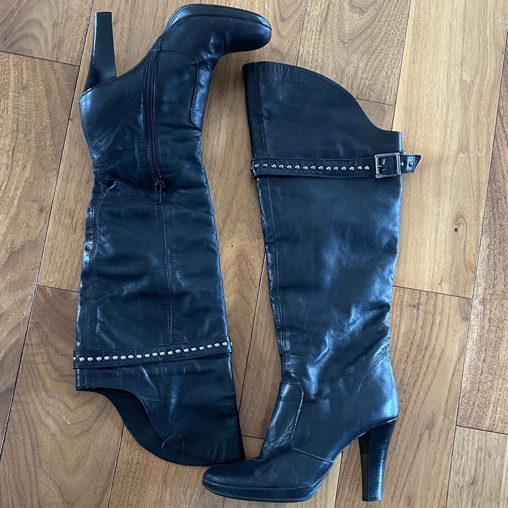 Elegant Black Heeled Boots with Studded Detail